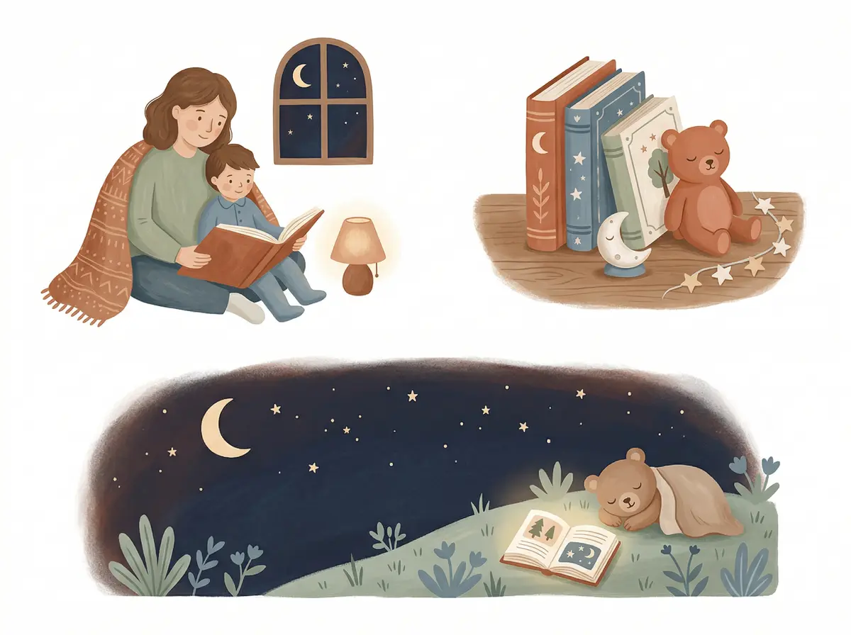Simple children's-book style illustration of bedtime books and nursery objects