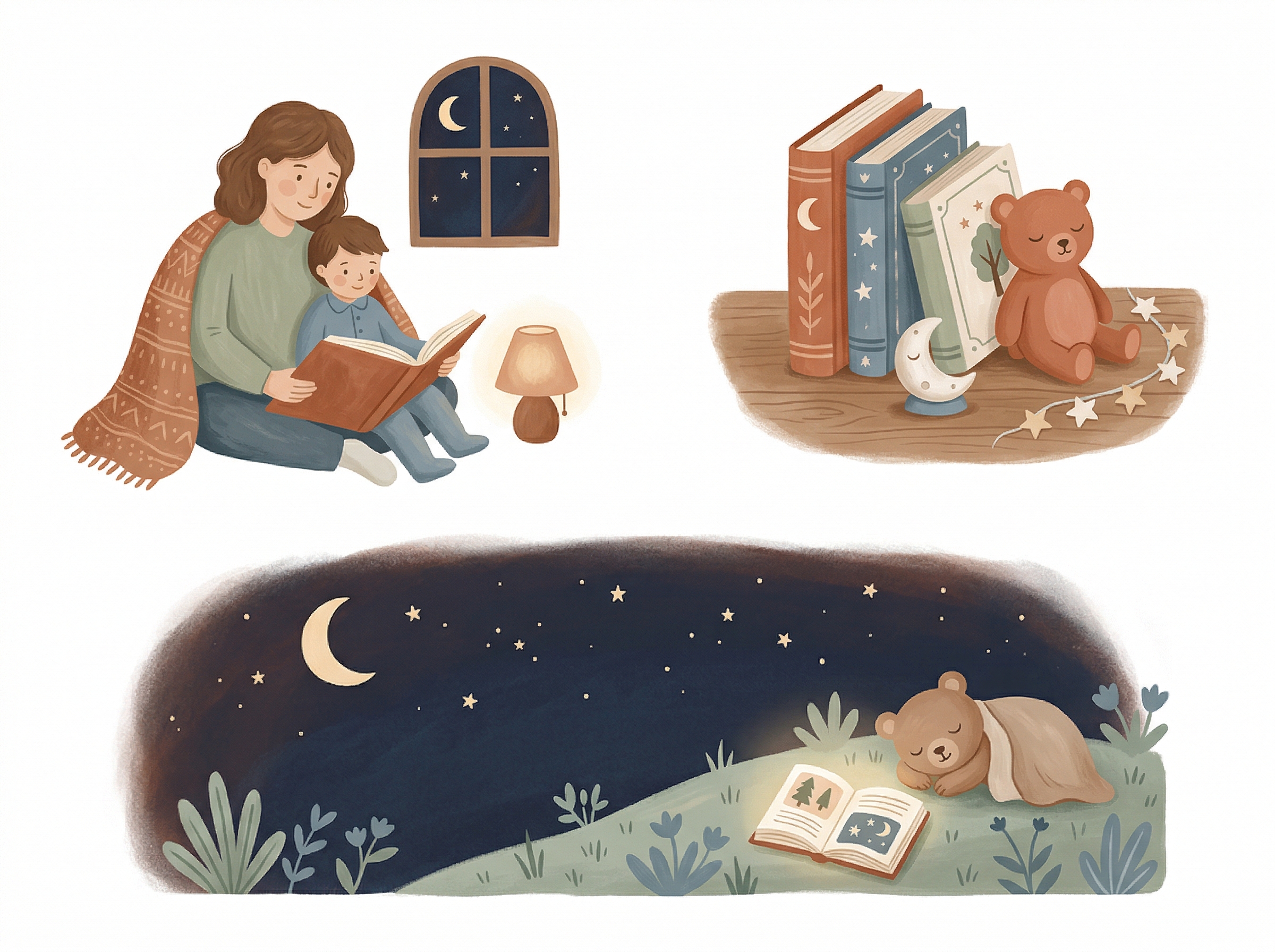 Timeless children's-book style illustration of a parent reading a bedtime story aloud to a child