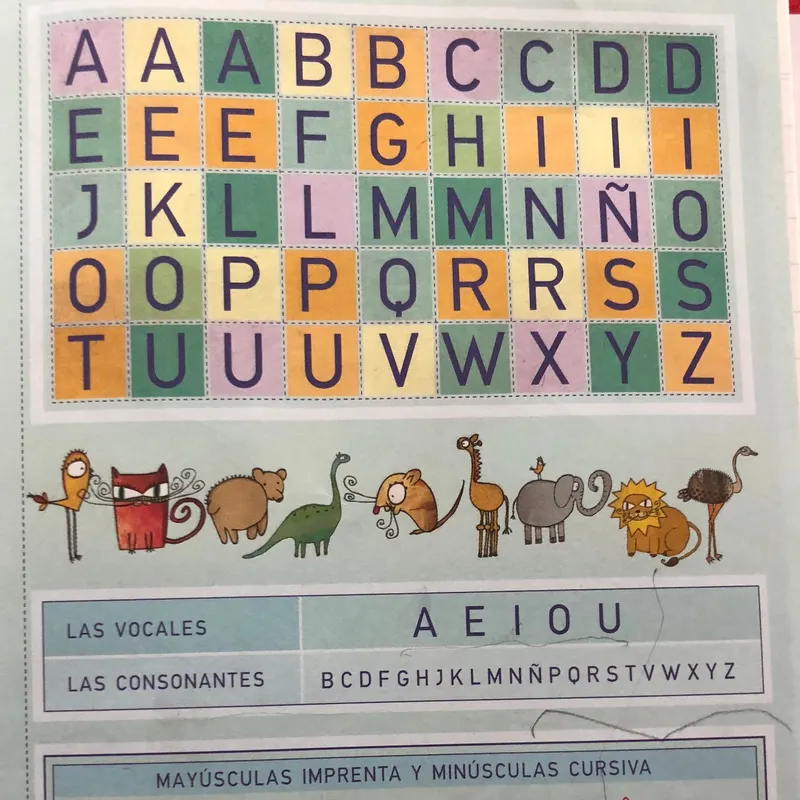 A Spanish alphabet page with colored letter squares, a row of drawn animals, and the vowels and consonants.