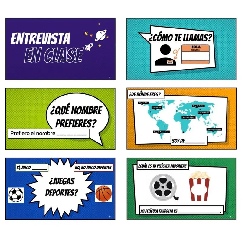 Six colorful classroom slides for a Spanish class interview: ¿Cómo te llamas?, ¿De dónde eres?, ¿Juegas deportes? and more.