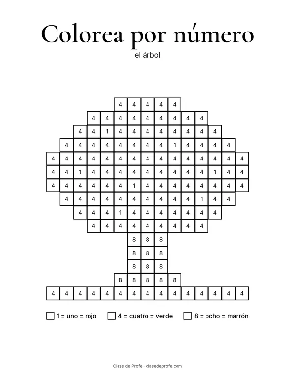 Color by number sheet: el árbol, a grid of numbered squares that becomes a green tree with red apples