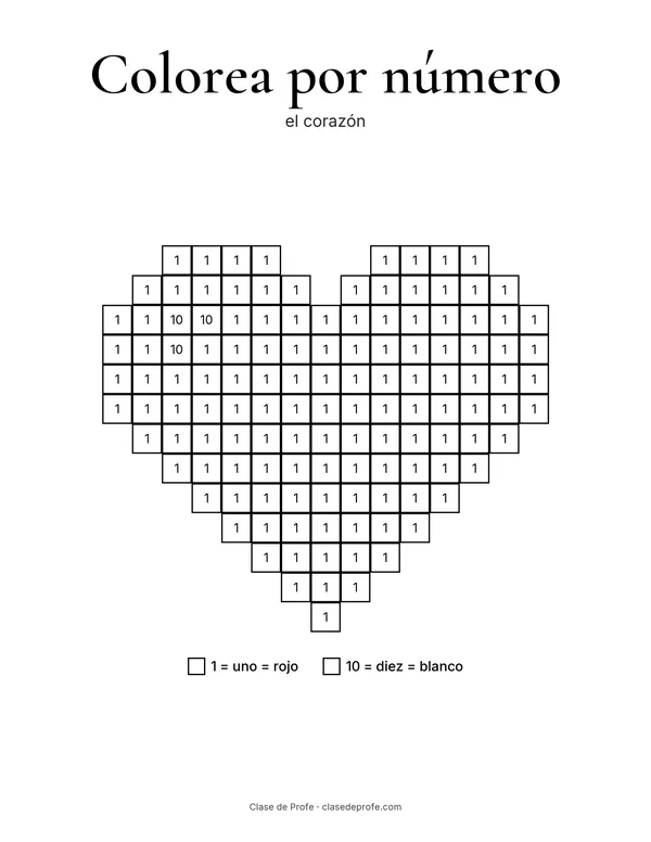 Color by number sheet: el corazón, a grid of numbered squares that becomes a red heart