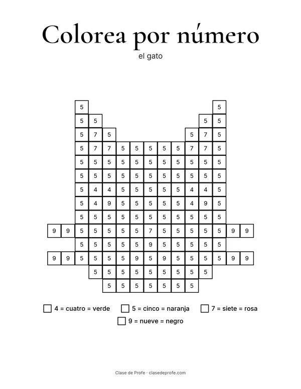 Color by number sheet: el gato, a grid of numbered squares that becomes an orange cat face