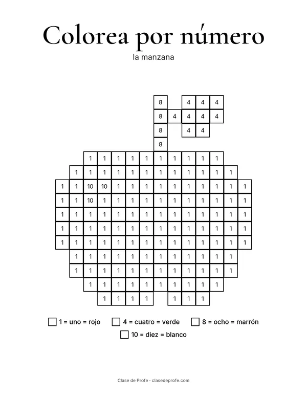 Color by number sheet: la manzana, a grid of numbered squares that becomes a red apple with a green leaf