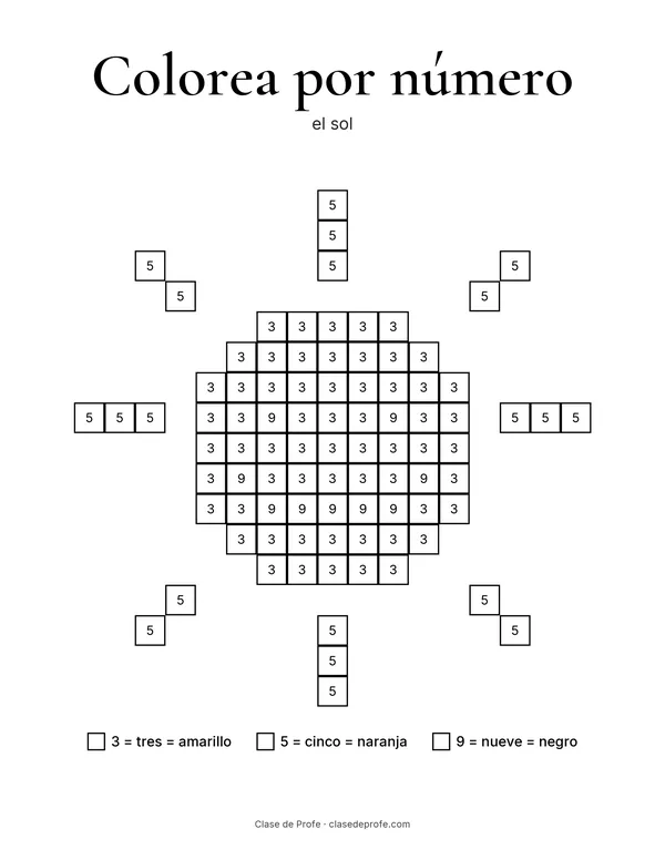 Color by number sheet: el sol, a grid of numbered squares that becomes a smiling yellow sun with orange rays