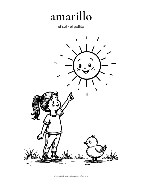 Coloring page: amarillo, Lola pointing at the sun with a chick at her feet