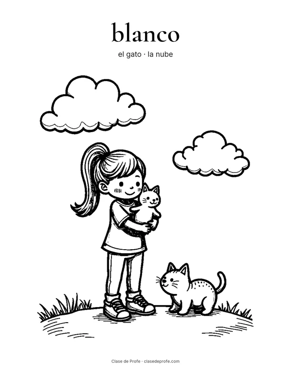 Coloring page: blanco, Lola holding her cat Luna under two clouds