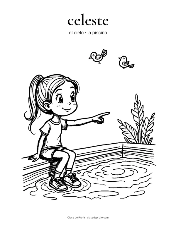 Coloring page: celeste, Lola at the swimming pool pointing at the sky