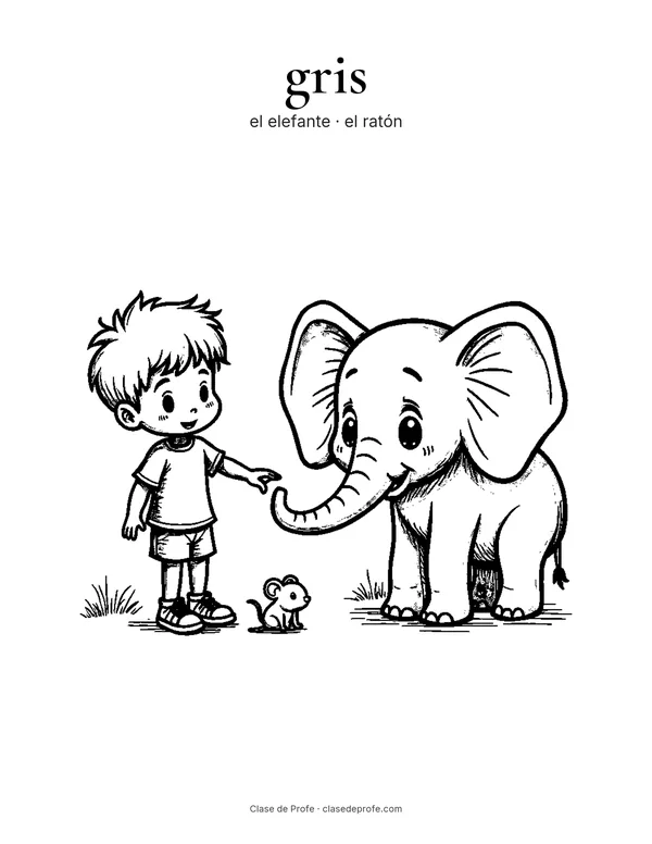 Coloring page: gris, Manuel pointing at an elephant and a mouse