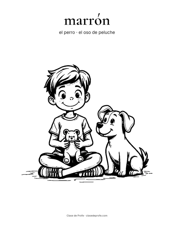 Coloring page: marrón, Manuel hugging a teddy bear next to his dog Max