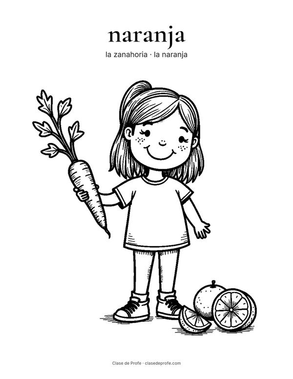 Coloring page: naranja, Lola holding a carrot next to an orange
