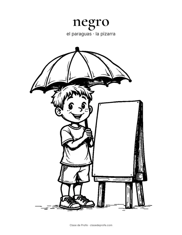 Coloring page: negro, Manuel holding an umbrella next to a chalkboard