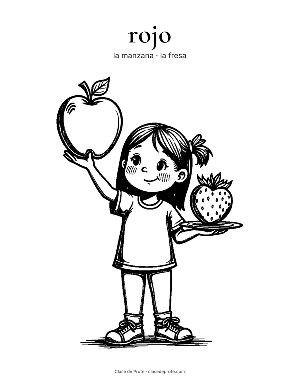 Coloring page: rojo, Lola with an apple and a strawberry