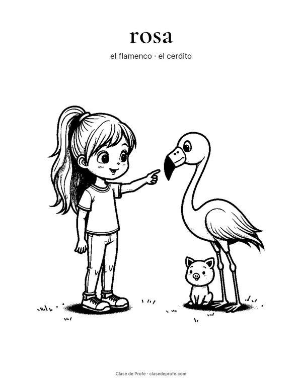 Coloring page: rosa, Lola pointing at a flamingo next to a piglet
