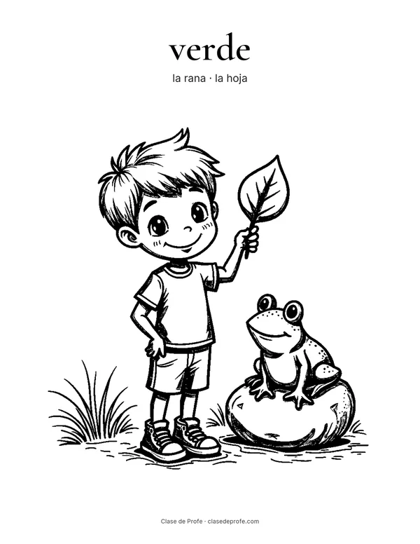 Coloring page: verde, Manuel holding a leaf next to a frog