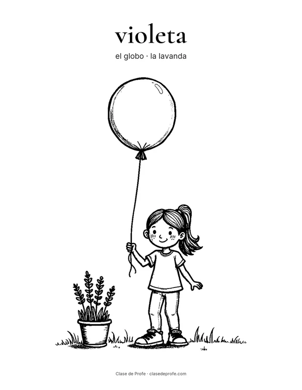 Coloring page: violeta, Lola holding a balloon next to a pot of lavender