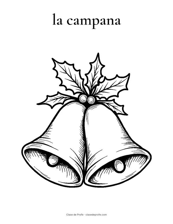 Coloring page: la campana, two Christmas bells tied with a bow and holly
