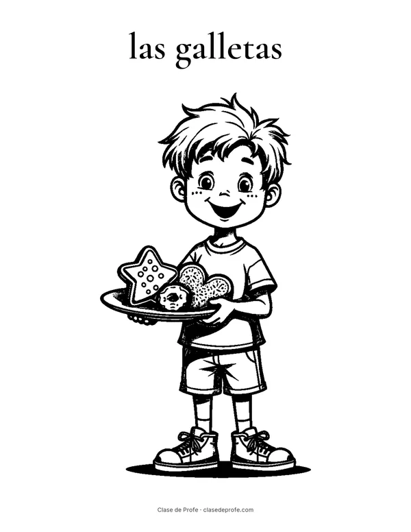Coloring page: las galletas, Manuel holding a plate of Christmas cookies
