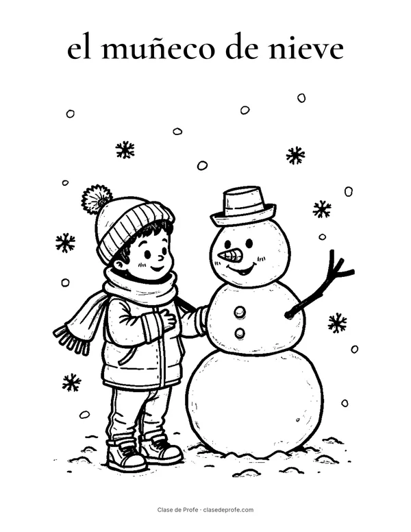 Coloring page: el muñeco de nieve, Manuel putting a scarf on a snowman