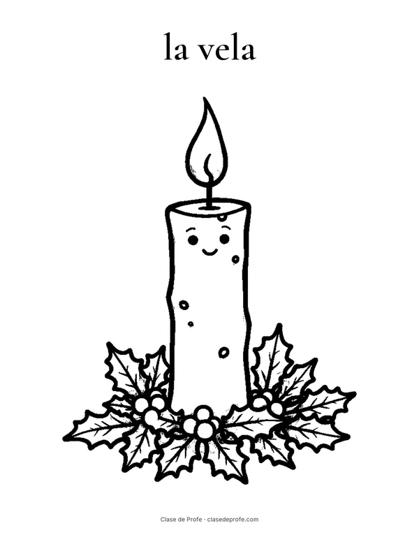 Coloring page: la vela, a tall candle with holly leaves around it