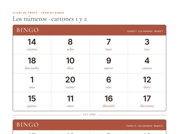 Top of the Spanish bingo set: a bingo board with Spanish number words