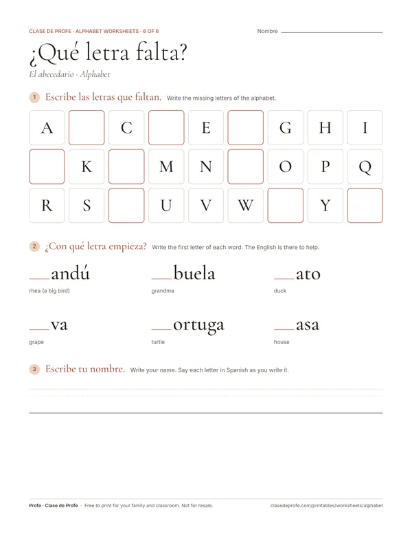 Worksheet: the Spanish alphabet with gaps to fill, and words missing their first letter