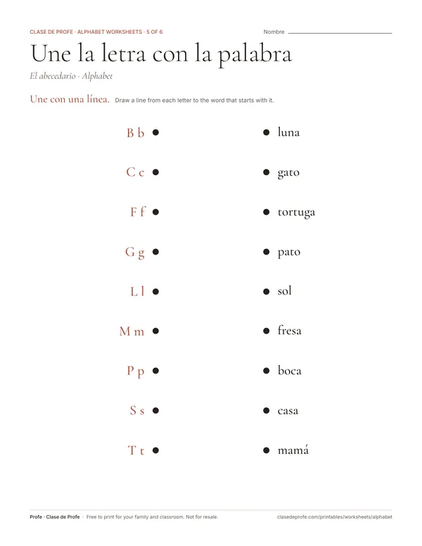 Worksheet: nine letters on the left, nine Spanish words shuffled on the right