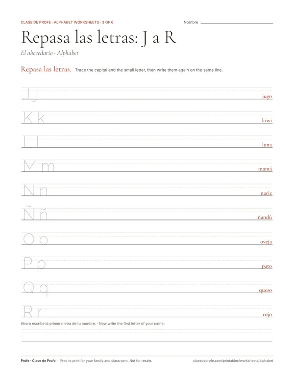 Worksheet: the letters J to R, including Ñ, in dotted capitals and lowercase on handwriting lines