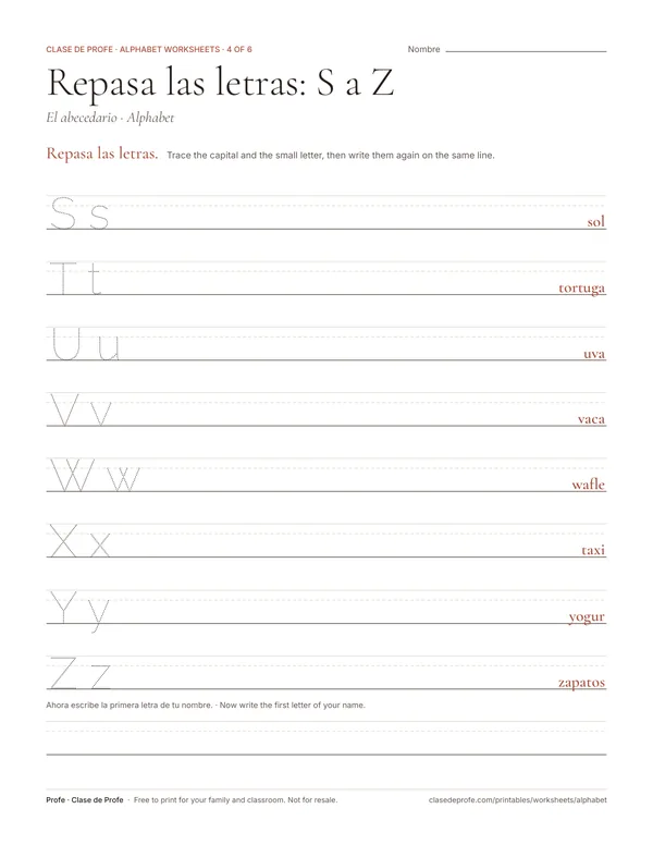 Worksheet: the letters S to Z in dotted capitals and lowercase on handwriting lines