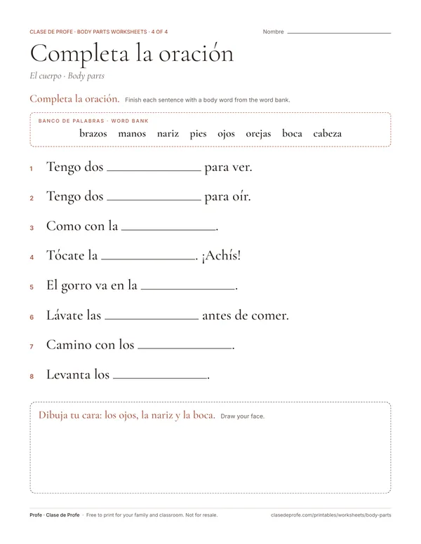 Worksheet: Spanish sentences about the body with blanks and a word bank