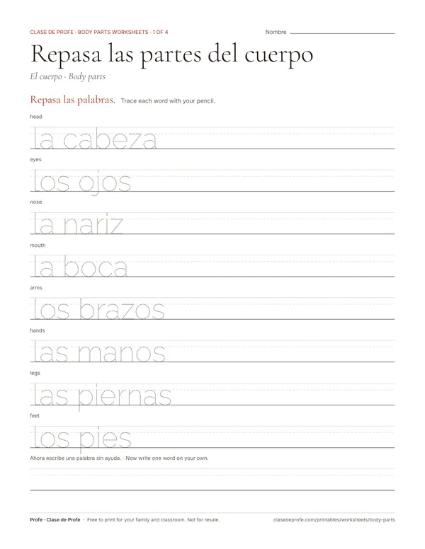 Worksheet: eight Spanish body-part words in dotted letters on handwriting lines