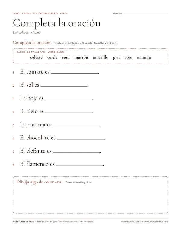 Worksheet: six Spanish sentences with a blank for the color word and a word bank