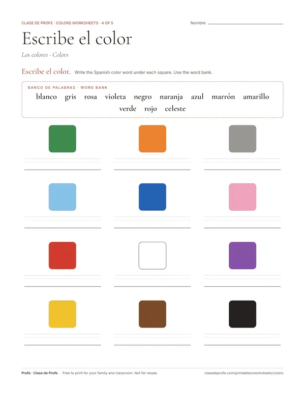 Worksheet: twelve color squares with a blank line under each and a word bank of Spanish color words