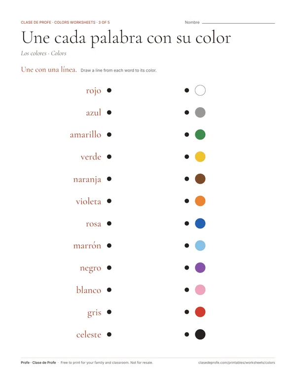 Worksheet: twelve Spanish color words on the left, color dots in a shuffled order on the right