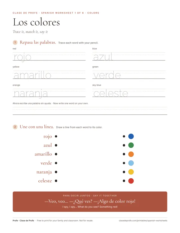Worksheet: trace six Spanish color words and draw lines to the matching color dots