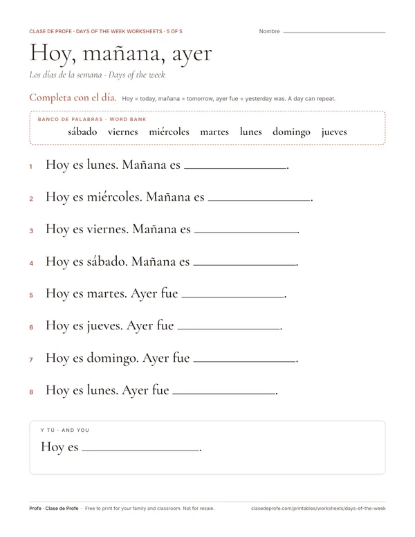 Worksheet: Spanish sentences about today, tomorrow and yesterday with blanks for the day names