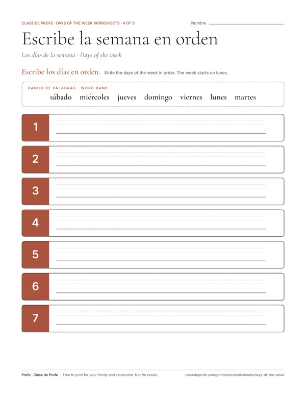 Worksheet: seven empty calendar boxes numbered one to seven and a scrambled word bank of Spanish days