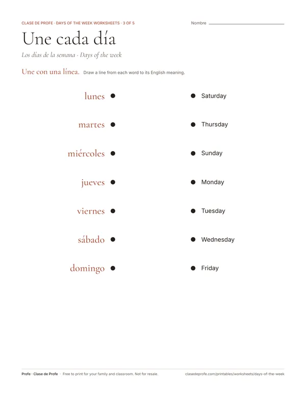 Worksheet: Spanish day names on the left, English day names shuffled on the right