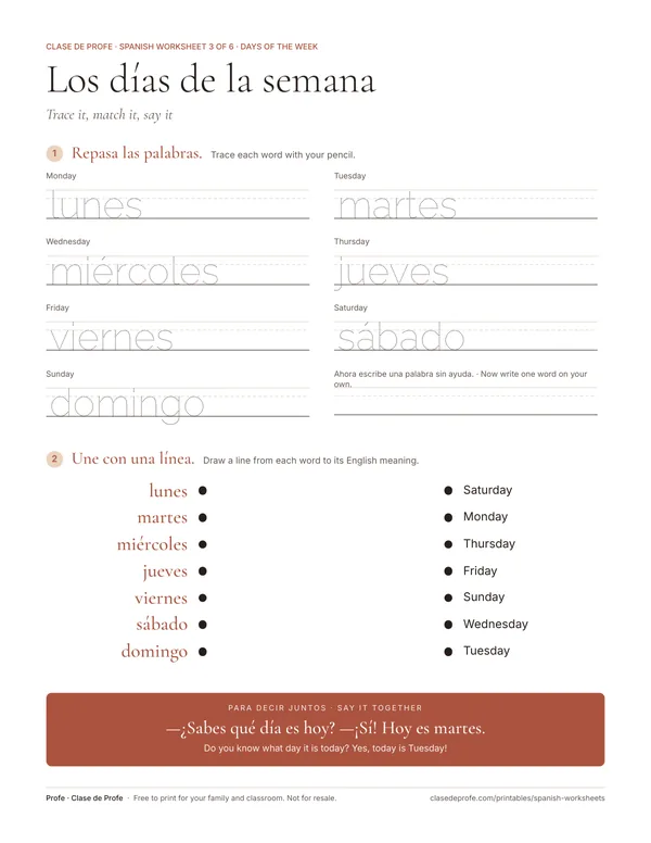 Worksheet: trace the seven Spanish day names and draw lines to the English days