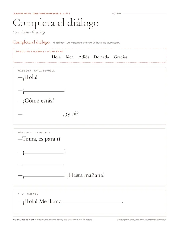 Worksheet: two short Spanish dialogues with blanks and a word bank of greetings