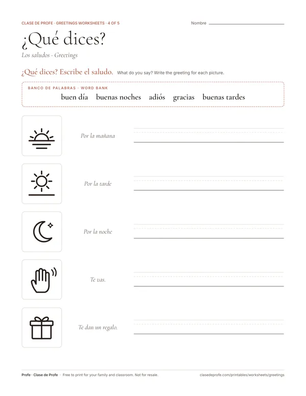 Worksheet: pictures of a sunrise, afternoon sun, moon, a wave goodbye and a gift, each with a blank line, and a word bank