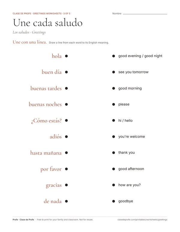 Worksheet: Spanish greetings on the left, English meanings shuffled on the right