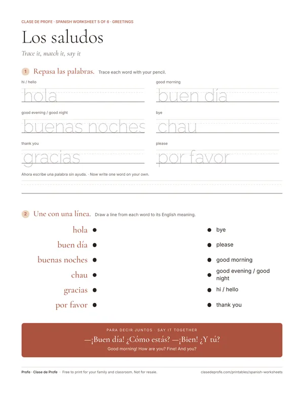Worksheet: trace six Spanish greetings and draw lines to the English meanings