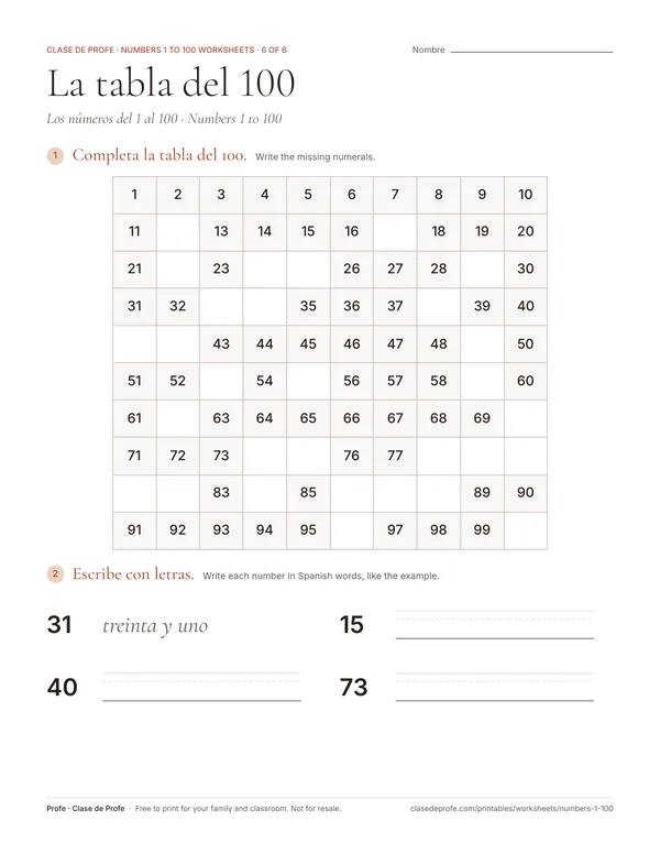 Worksheet: a ten by ten chart of the numbers 1 to 100 with blank cells to fill, and three lines to write numbers in Spanish