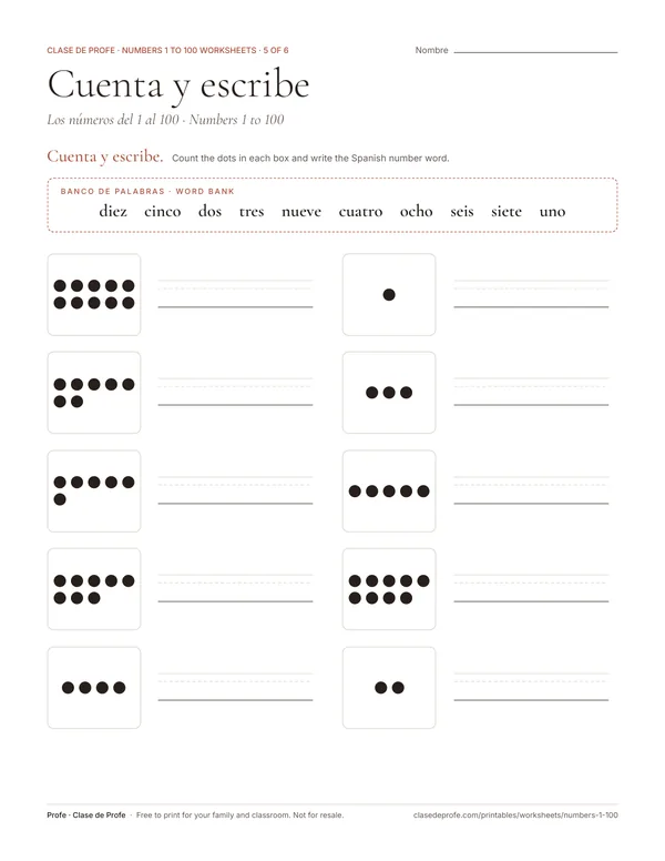 Worksheet: ten boxes of dots to count, each with a blank line, and a word bank of number words