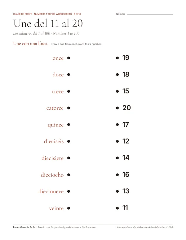 Worksheet: the Spanish words for eleven to twenty on the left, numerals shuffled on the right