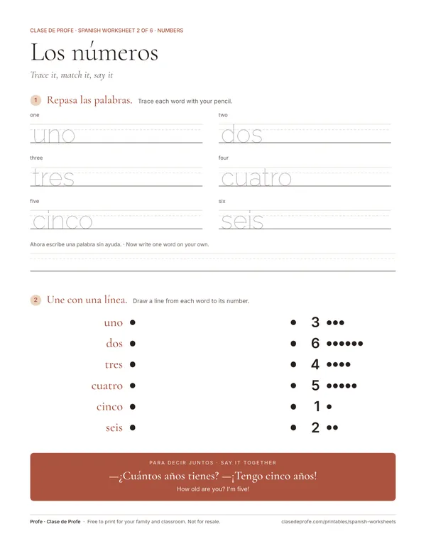 Worksheet: trace the Spanish words for one to six and draw lines to the numerals