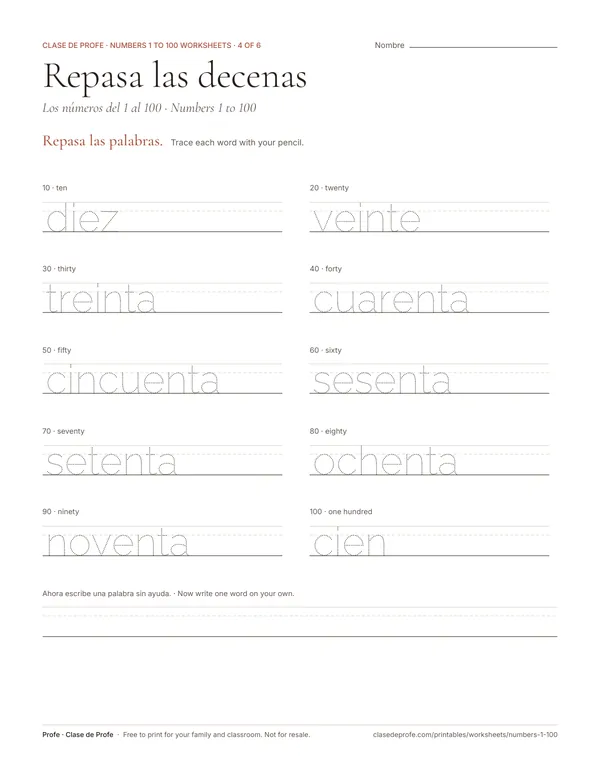Worksheet: the Spanish words for ten, twenty and the other tens to one hundred in dotted letters