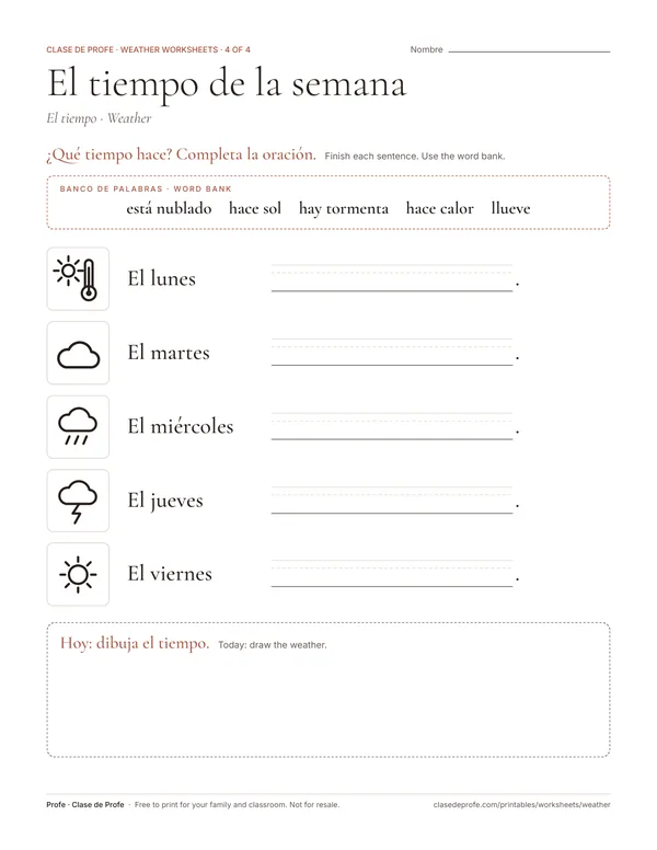 Worksheet: five school days, each with a weather icon and a blank sentence, and a box to draw the weather today