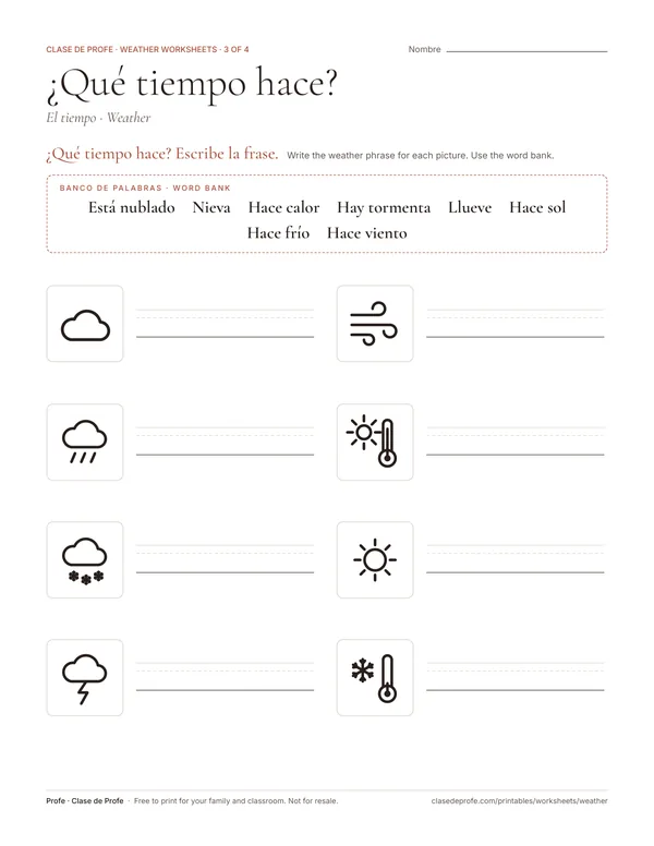 Worksheet: eight weather icons with a blank line under each and a word bank of Spanish weather phrases